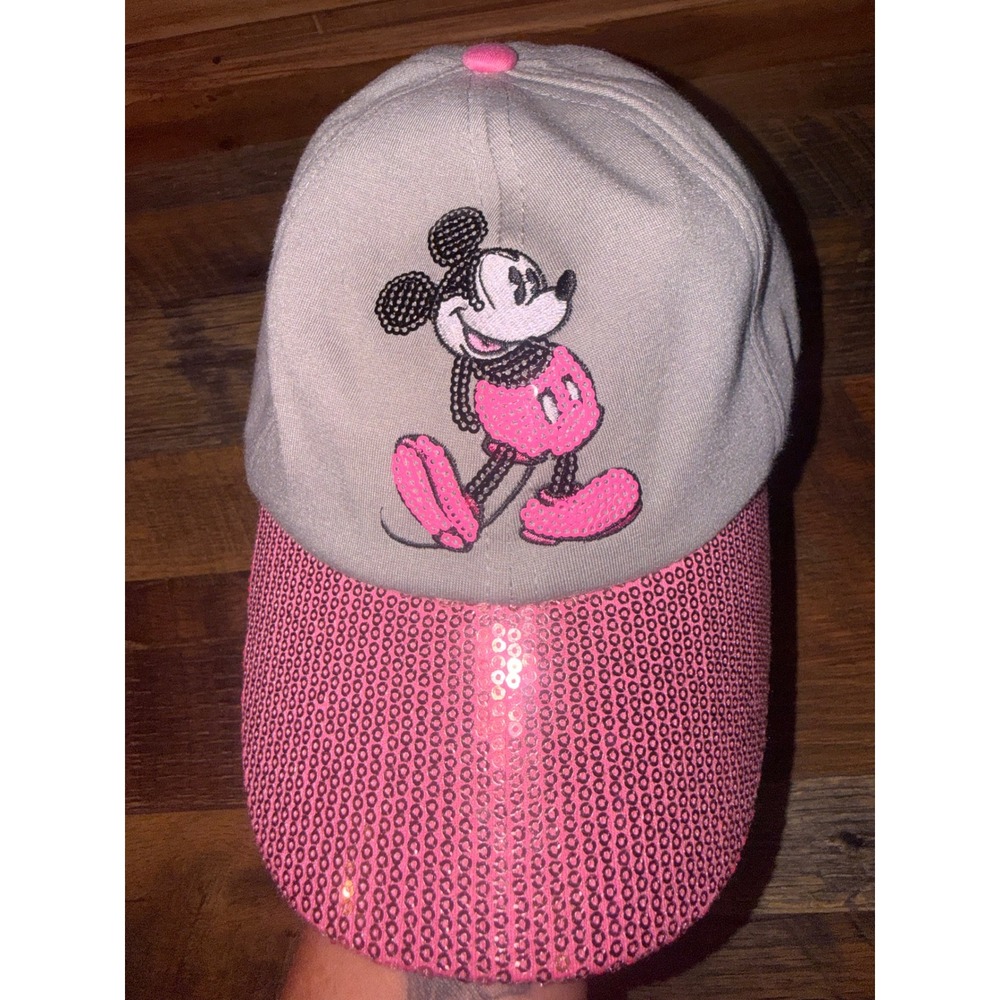 Disney Parks Mickey Mouse Sequin Gray Pink Baseball Cap Hat Adult 55-59CM